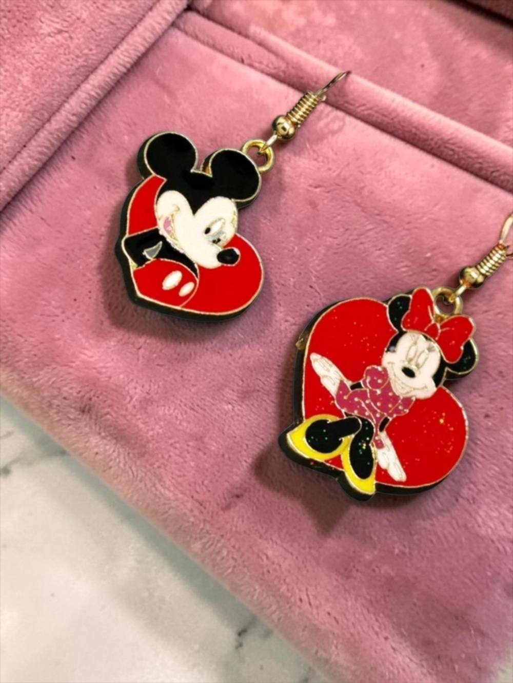 Mickey & Minnie Mouse Earrings Crystal Fishhook Valentine Dangle